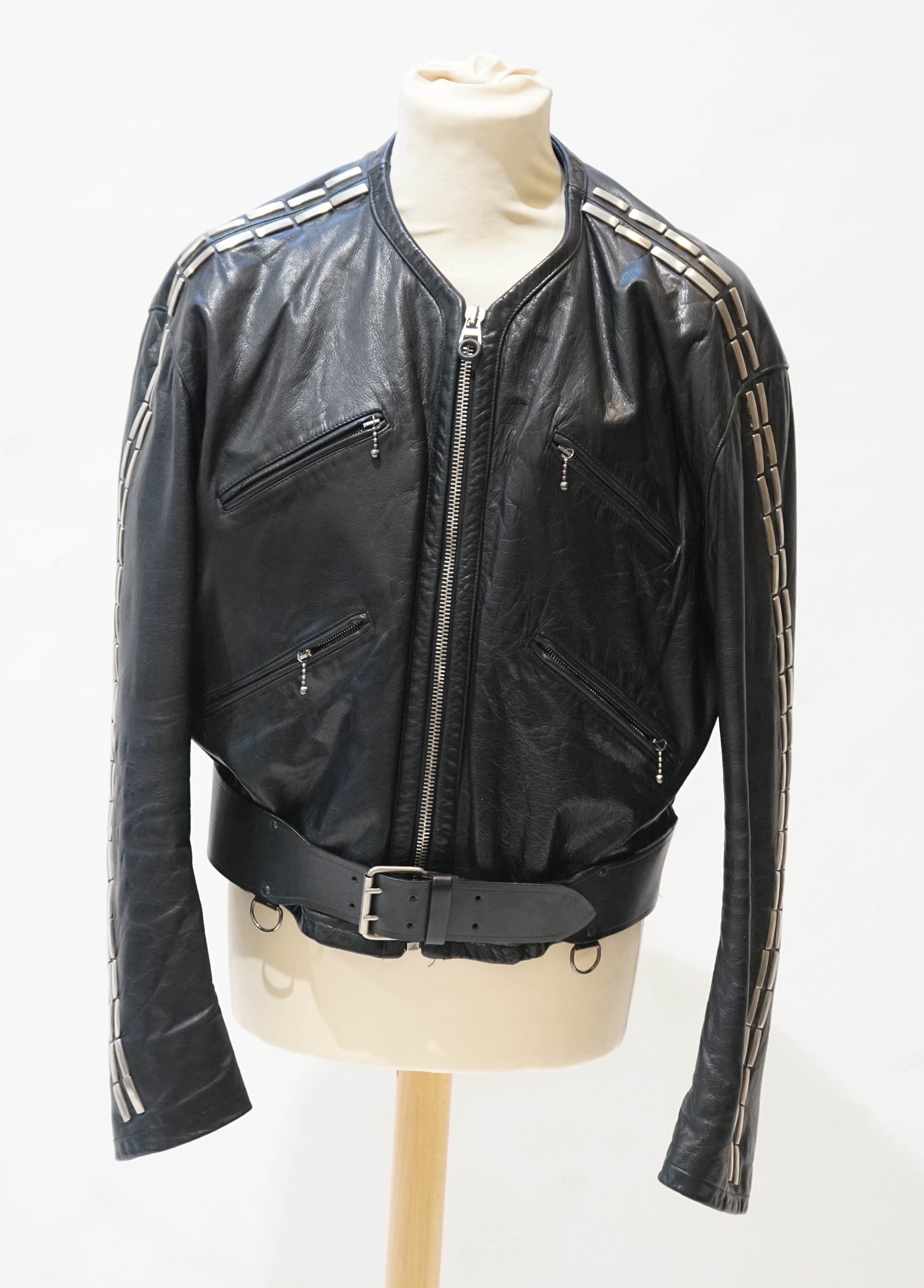 A gentleman's Calugi e Giannelli black leather jacket with metal appliques to the sleeves, size 52 (UK 48)